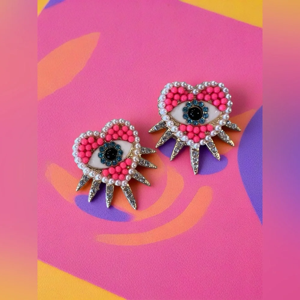 Pink White Gold Heart Rhinestone Evil Eye Post Earrings with Spikes
